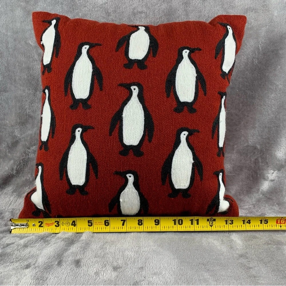 Pottery Barn Red Needlework Penguin‎ Pattern Crewel Pillow 14 X 14 Imperfections